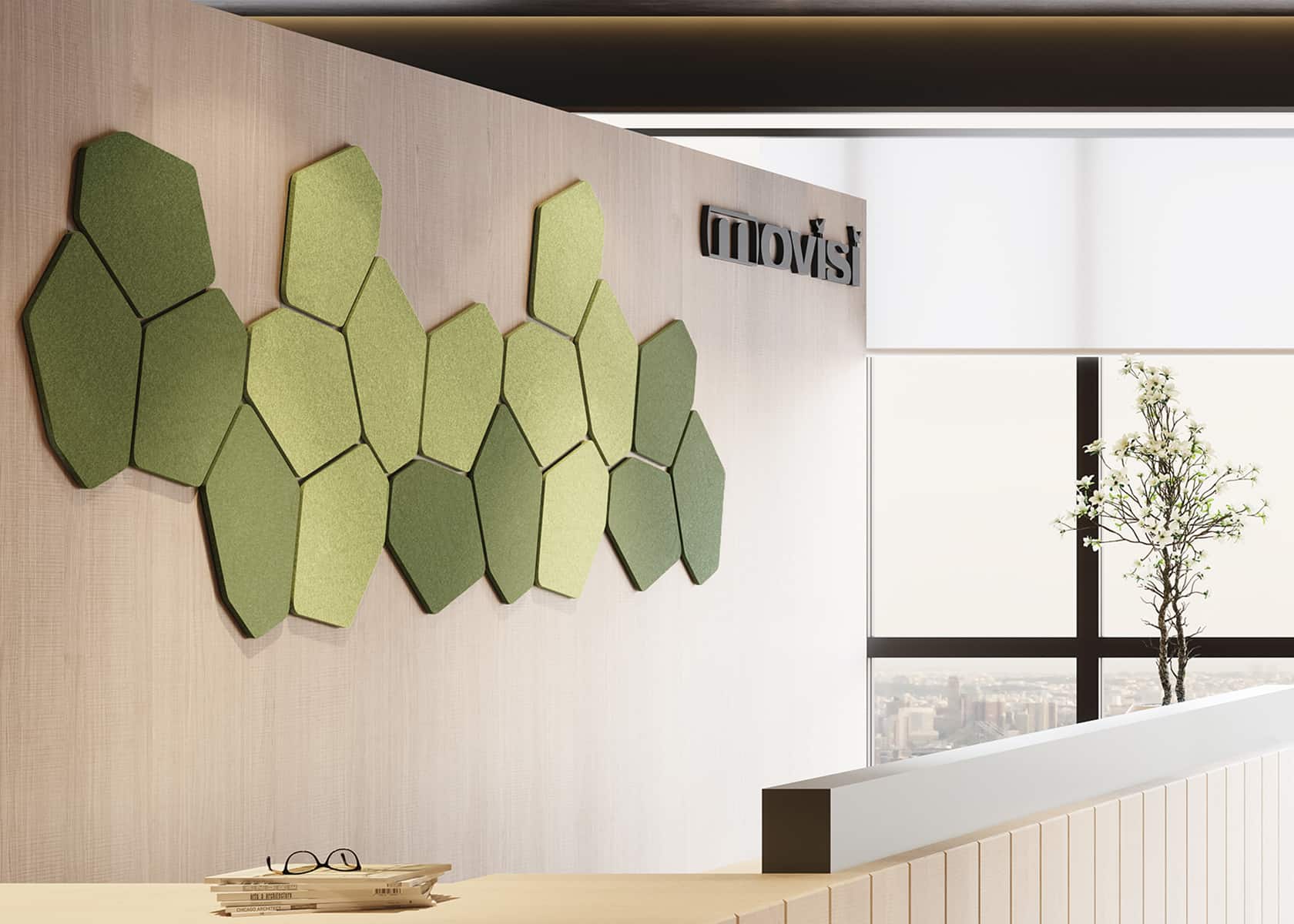 green hexagon acoustic wall panels sound absorber foyer entrance hall Movisi