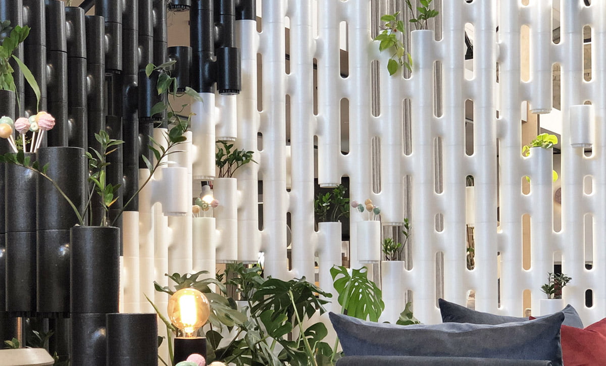 Movisi LINK modular room divider with plants and lights, creative urban jungle office partition wall design.
