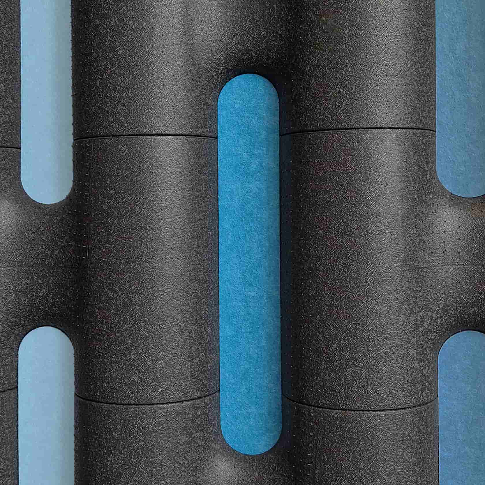 Movisi LINK black room divider with blue SONIC acoustic panels, modular partition wall for improved room acoustics