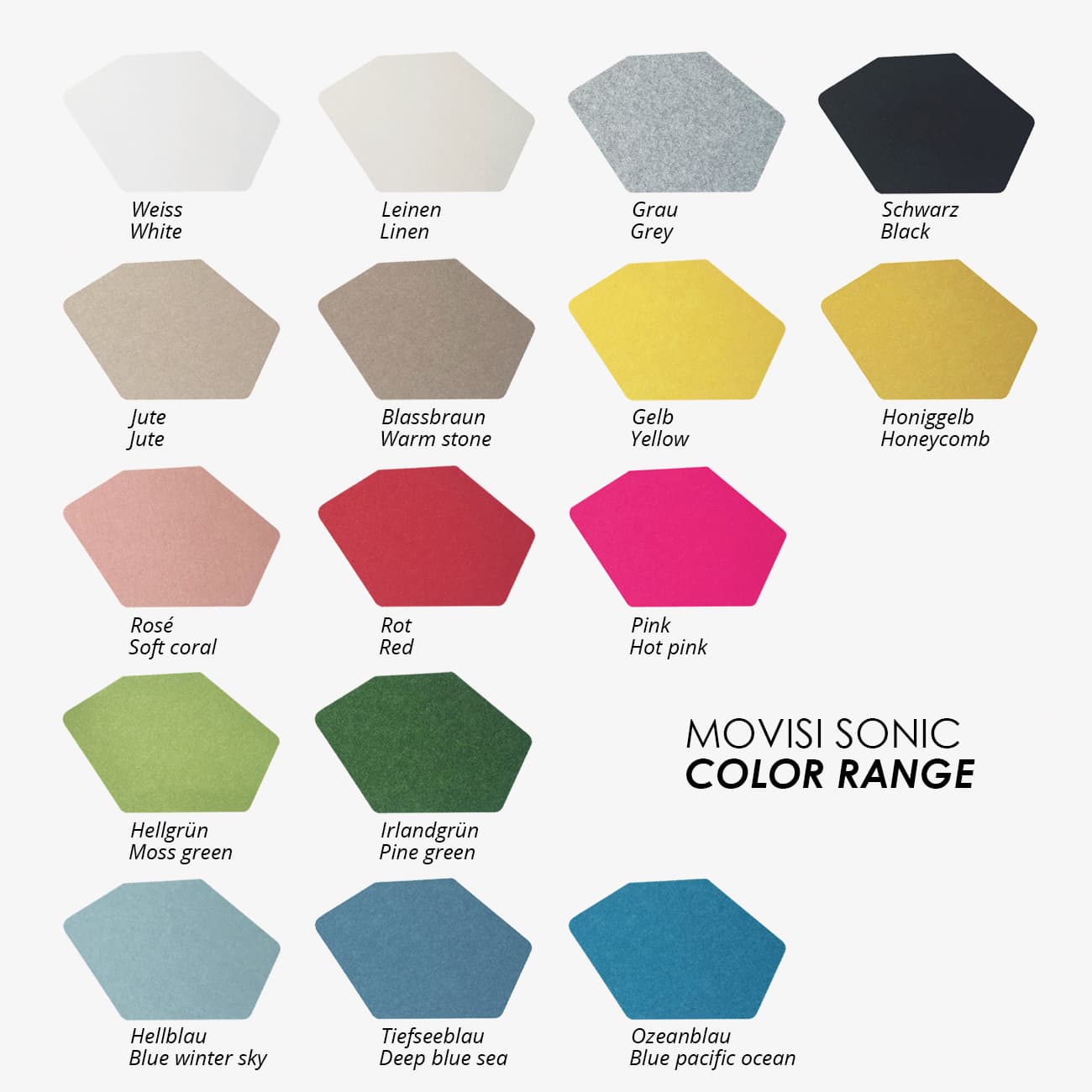 Color range of Movisi SONIC acoustic filler panels for LINK modular room divider, from white to deep blue.