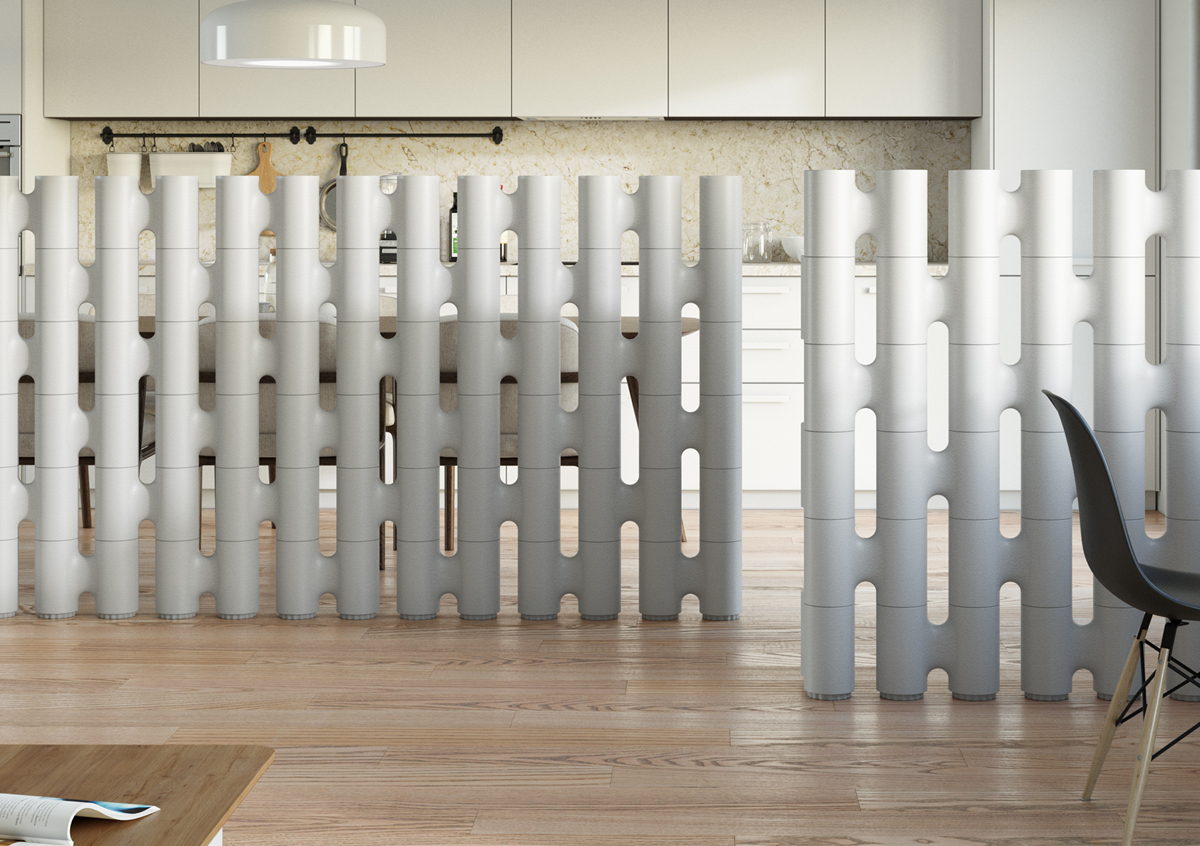 Movisi LINK white room divider separates open kitchen from living area, flexible partition wall