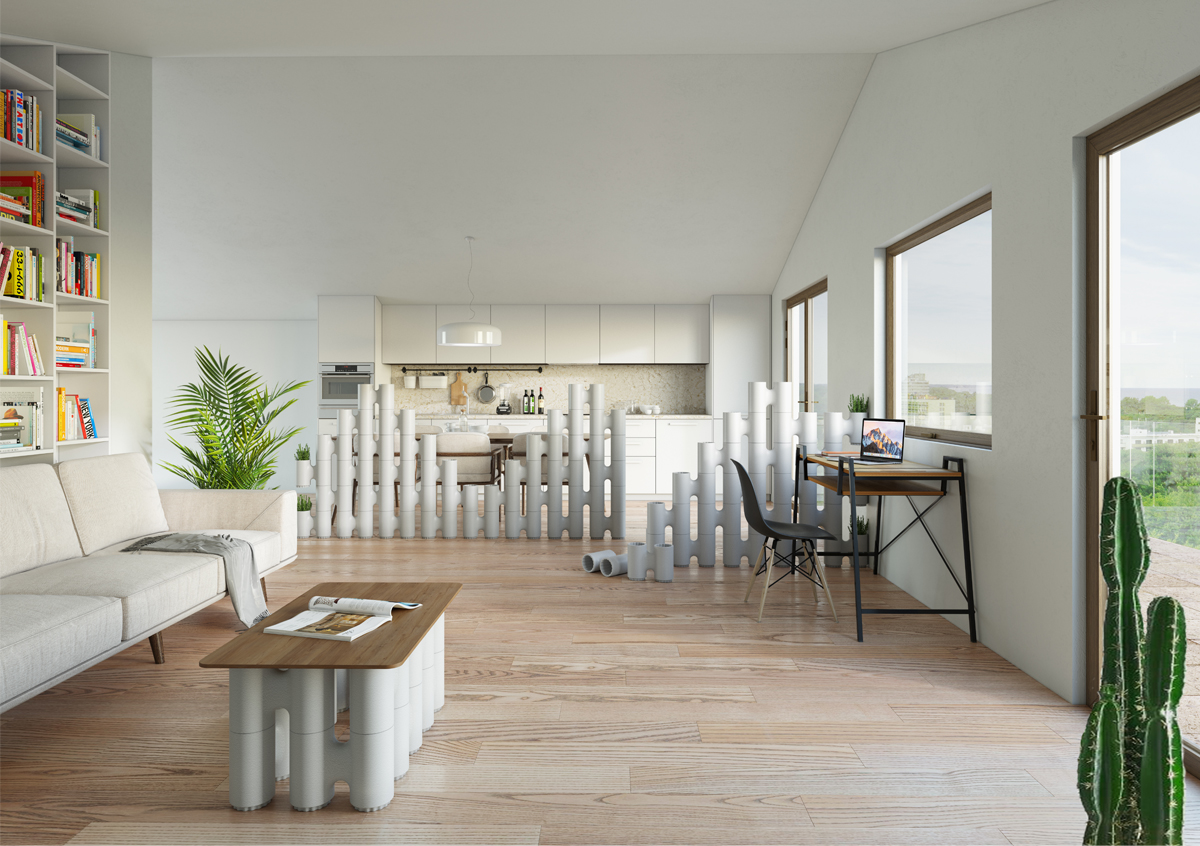 Movisi LINK room divider in living room separates dining area and home office, modular and flexible