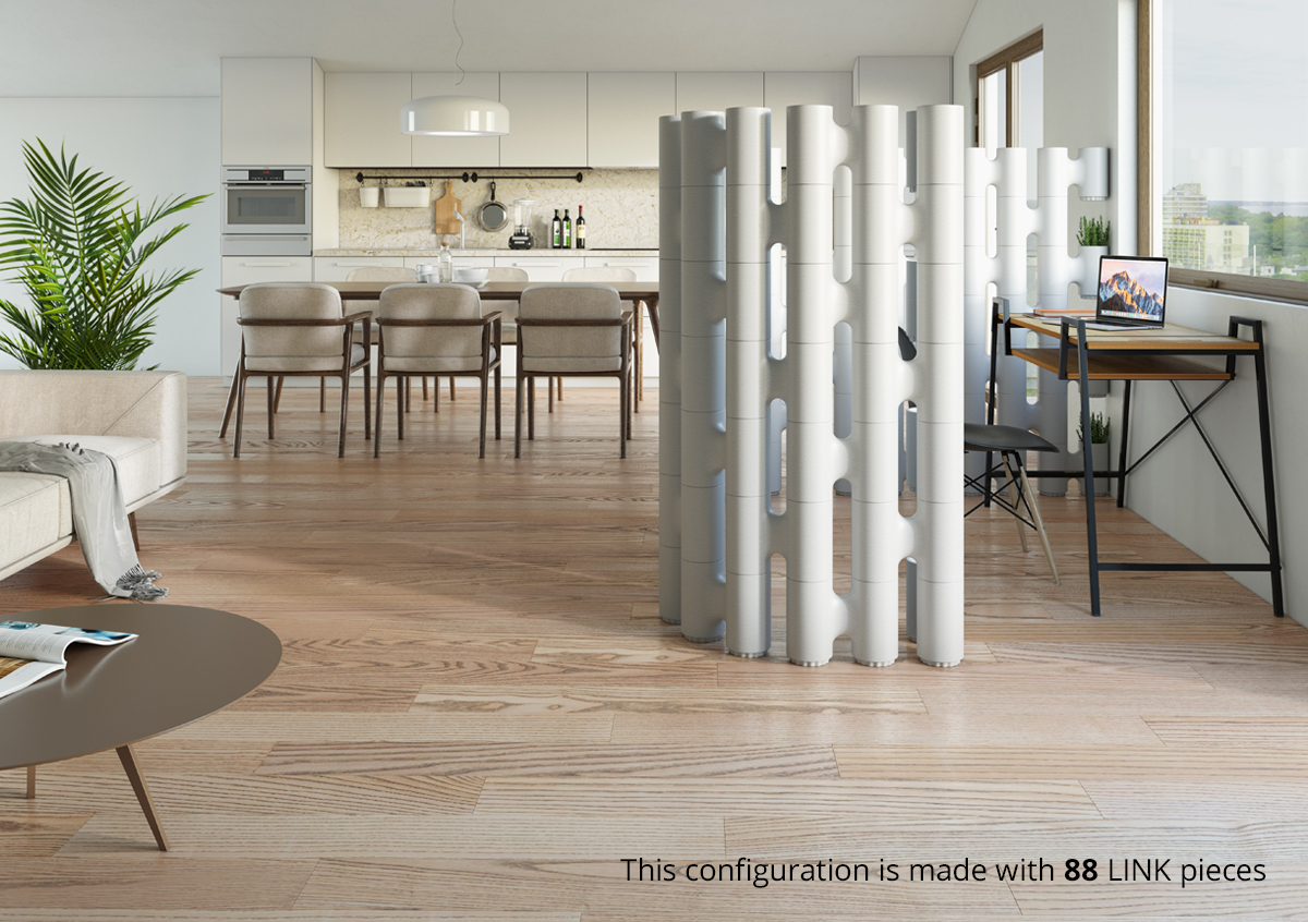 Movisi LINK white modular room divider as round freestanding partition wall, ideal for home office privacy.
