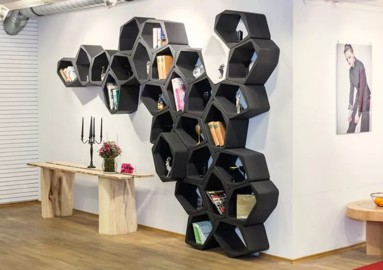Modular shelving and wall shelves for retial store design with hexagon shelves by Movisi