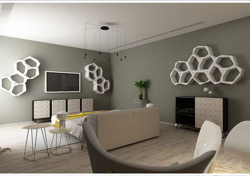 BUILD white modular floating shelves with hexagon shaped wall shelves by Movisi