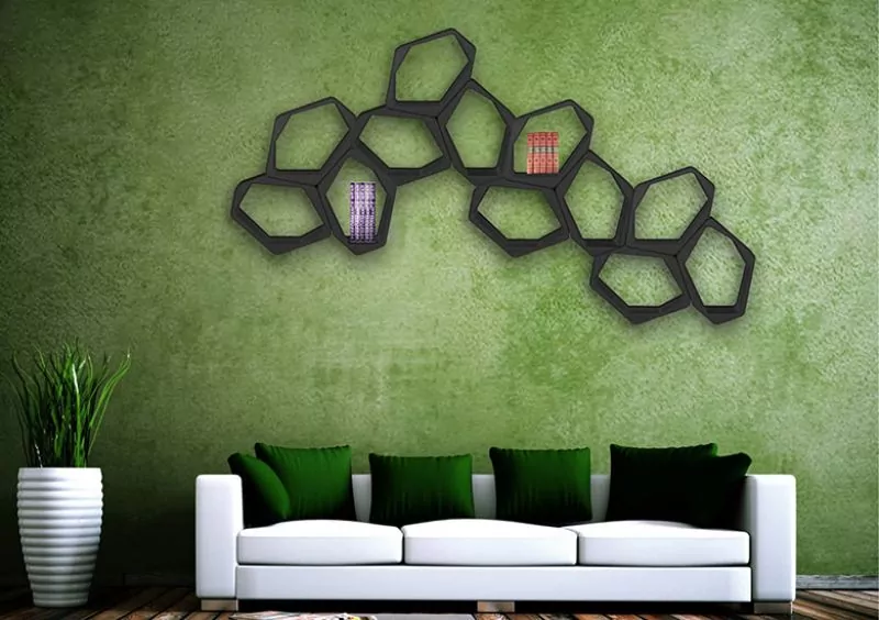 Build modular wall shelving for modern interior design with floating shelves on green wall