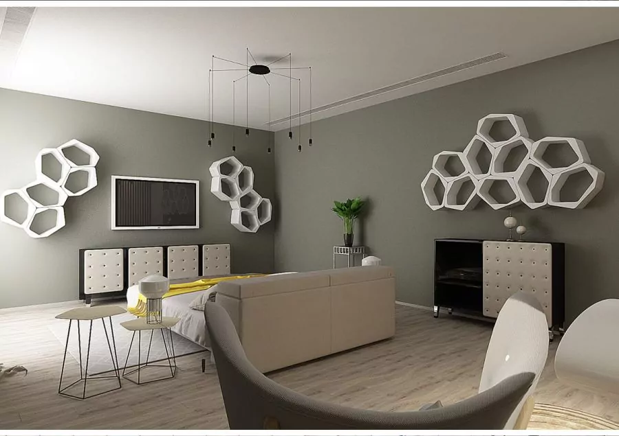 BUILD white modular floating shelves with hexagon shaped wall shelves by Movisi BUILD white modular floating shelves with hexagon shaped wall shelves by Movisi