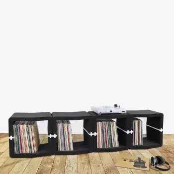 black and white record shelf lowboard